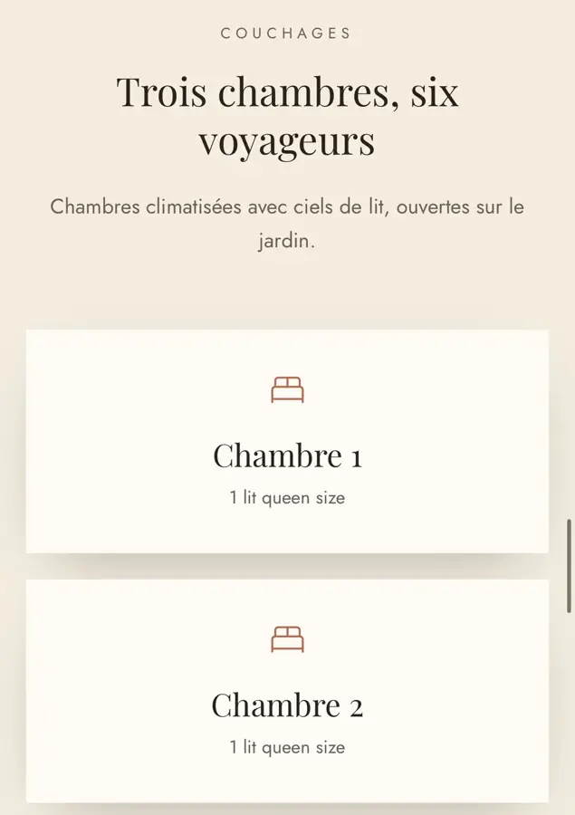 Section couchages du site Villa Horizon présentant les trois chambres